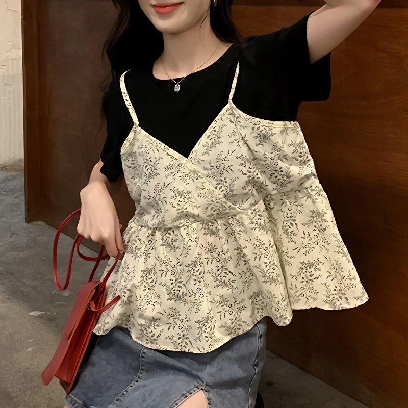 Áo Thun Ngắn Tay Giả Hai Lớp Họa Tiết Hoa Thời Trang Mùa Hè Cho Nữ Lên Đến 300KG