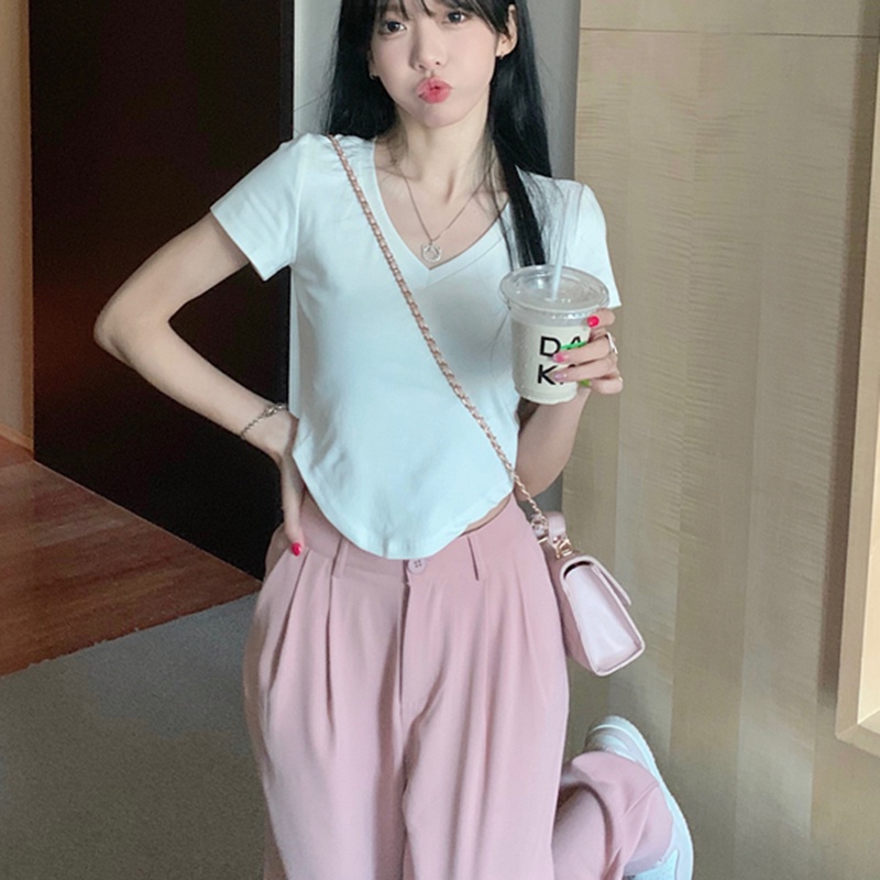 IELGY  Áo Thun Tay Ngắn Cổ Chữ v Phía Trước Phong Cách Mỹ Cho Nữ