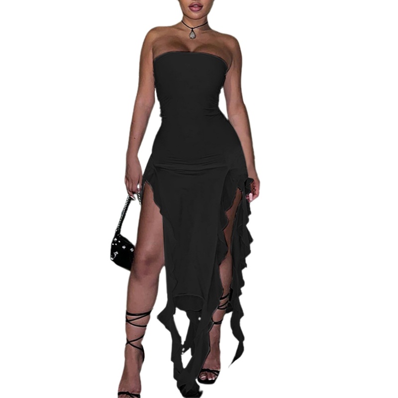 Xiangbao Đầm Dài Ôm Dáng Hở Vai Phối Bèo Và Lưới Tua Rua Xẻ Tà Không Đối Xứng Thời Trang Mùa