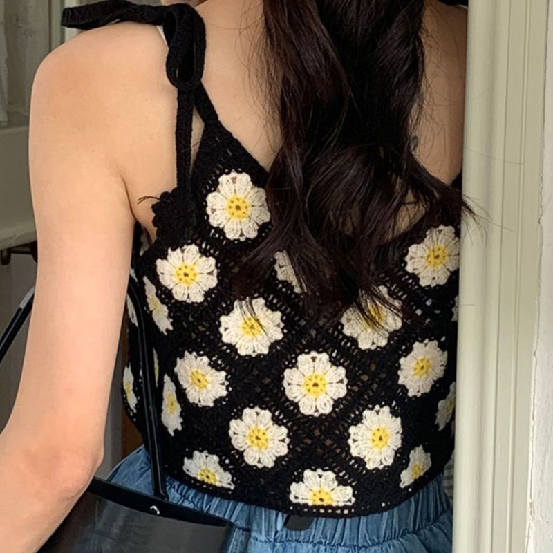 Nerfv Áo Crop Top Dệt Kim Không Tay Hở Lưng Họa Tiết Hoa Cúc Vintage Ngọt Ngào Gợi Cảm Đi Biển Dành Cho Nữ