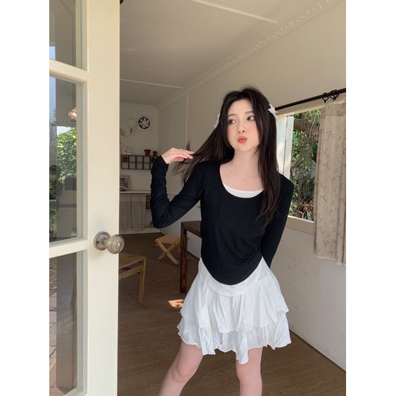 COZOK Áo Thun Tay Dài Dáng Ôm Chắp Vá Thời Trang Và Độc Đáo