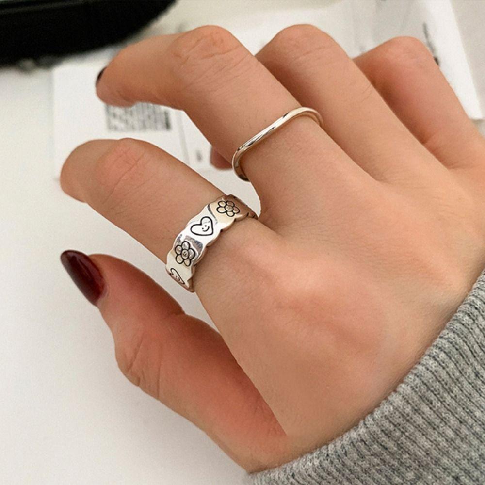 BACK2LIFE Nhẫn Hở Hình Hoa / Trái Tim / Mặt Cười Dễ Thương Phong Cách Hàn Quốc Cho Nữ