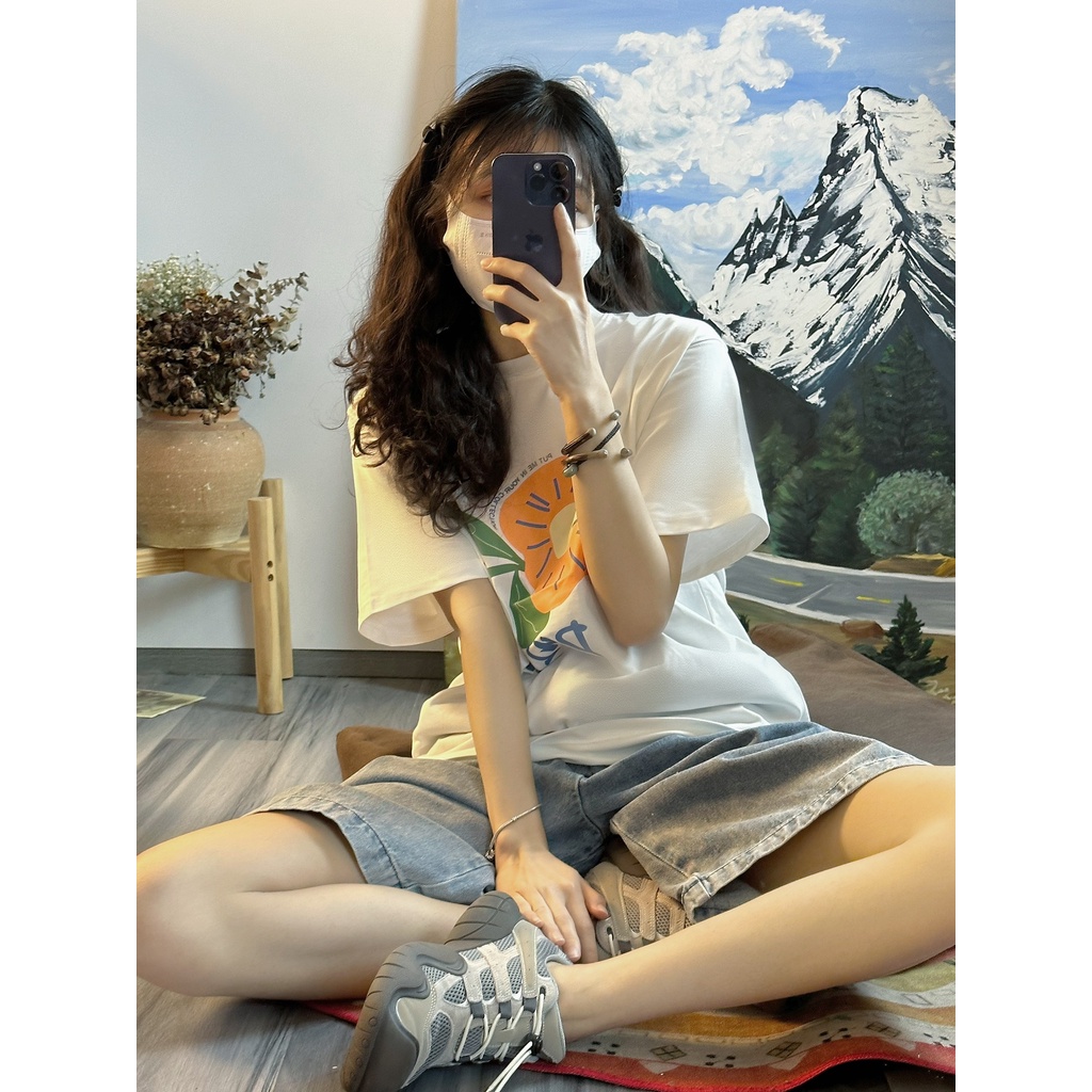 Áo Thun 100% cotton Màu Trắng Dáng Rộng In Họa Tiết Xinh Xắn Thời Trang Mùa Hè Cho Nữ 5101