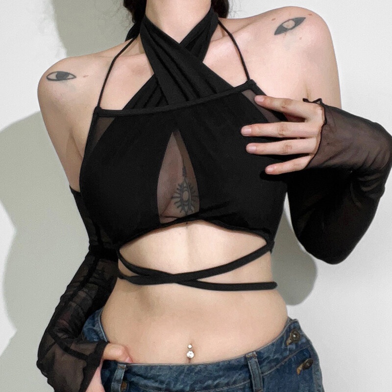 Kliou 2023 Áo Ngắn Dây Chéo Đa Năng Có Tay Quyến Rũ Cho Nữ Đi Hộp Đêm