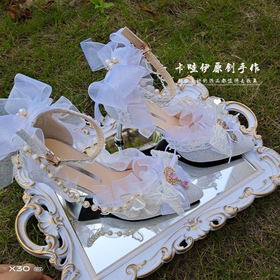 Giày Cao Gót Mũi Nhọn Thêu Họa Tiết Phong Cách Lolita Pháp