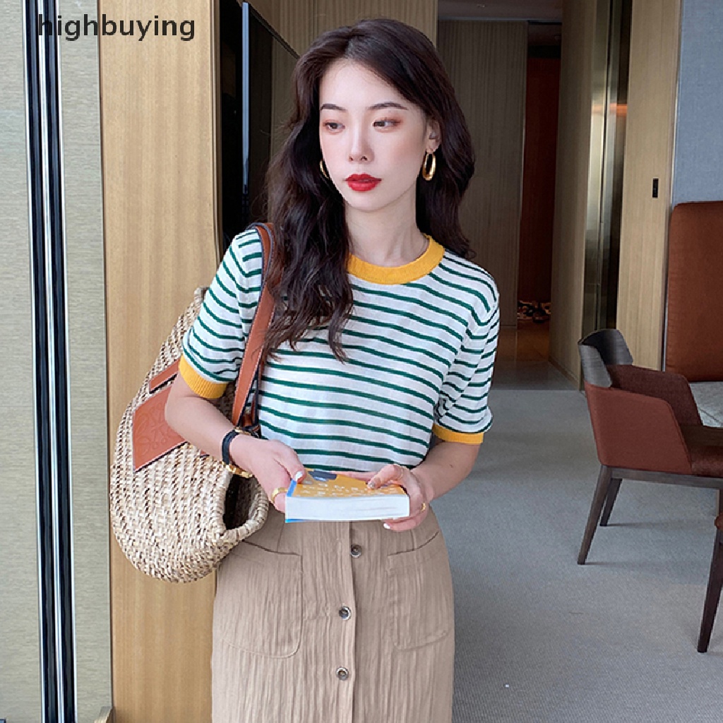Áo Thun Dệt Kim Tay Ngắn Cổ Tròn Họa Tiết Kẻ Sọc Thời Trang Mùa Hè Cho Nữ