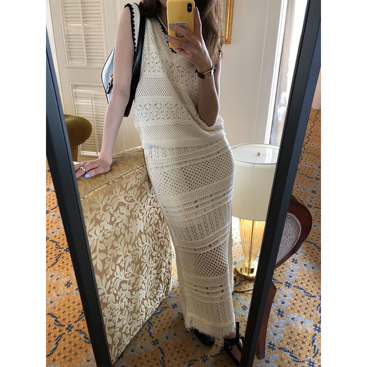 Set Áo Len Không Tay Cổ Chữ V + Chân Váy Tua Rua Phong Cách Retro Hàn Quốc Thời Trang Cho Nữ