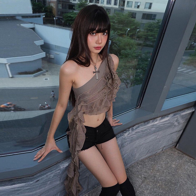 Áo Hai Dây Mỏng Ghép Vải In Hoa 3D Phối Bèo Thời Trang Mùa Hè Cho Nữ Y2K