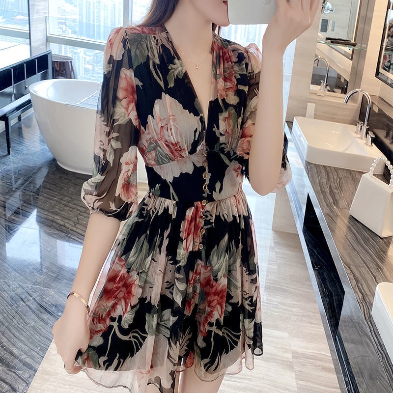 Đầm Voan Hoa Cổ Chữ V Thời Trang Mùa Hè 2023 Phong Cách Mới Cho Nữ