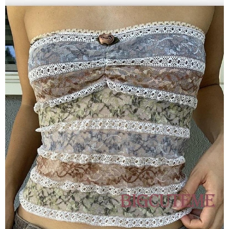 Áo Crop Top Hai Dây Phối Ren Phong Cách Vintage Dễ Thương Thời Trang Mùa Hè 2000s Y2K