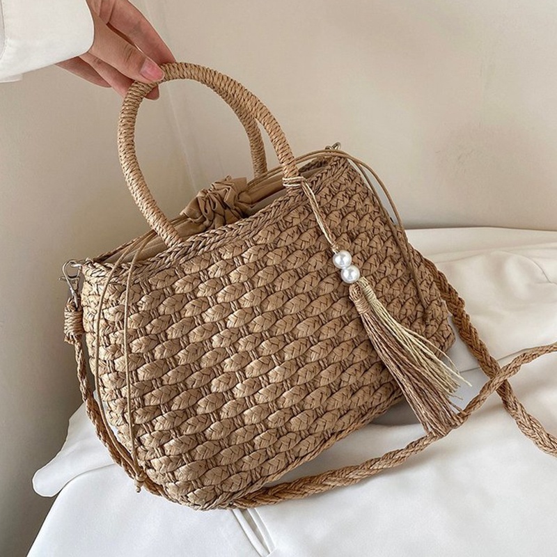 Túi Xách Đan Lát Sức Chứa Lớn Phối Tua Rua Phong Cách Hàn Quốc Cho Nữ