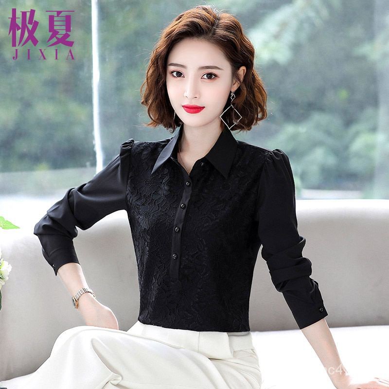 Áo Sơ Mi Chiffon Tay Dài Phối Ren Màu Đen / Trắng Phong Cách Phương Tây Thời Trang Xuân Thu Cho Nữ