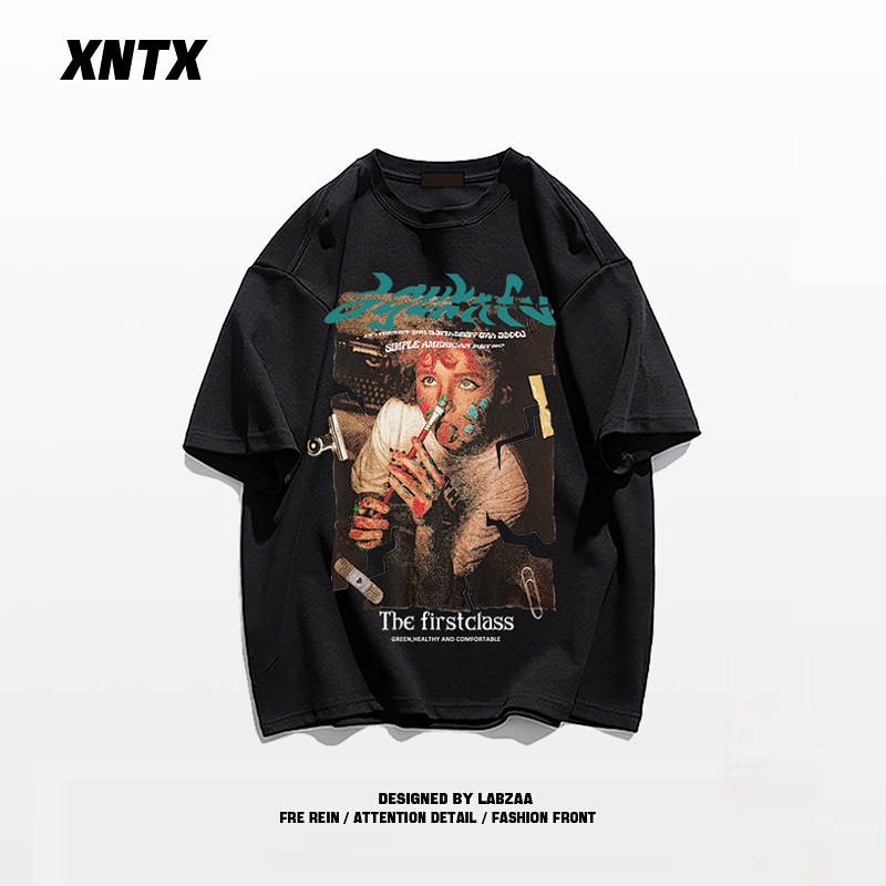 Áo thun cotton ngắn tay phong cách Mỹ retro hiphop đường phố thời trang mùa hè cho nam