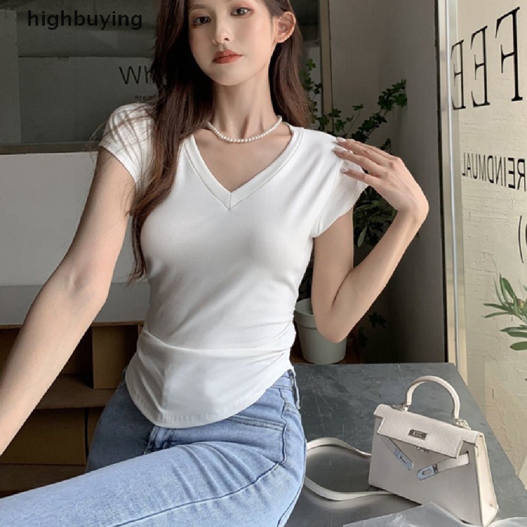 Áo Thun Tay Ngắn Cổ Chữ V Màu Sắc Đơn Giản Cho Nữ