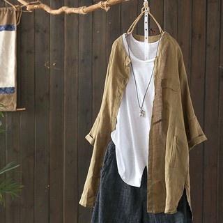 Size lớn văn học thường ngày giữa chiều dài chống nắng vải lanh cotton dài tay áo sơ mi cardigan nữ
