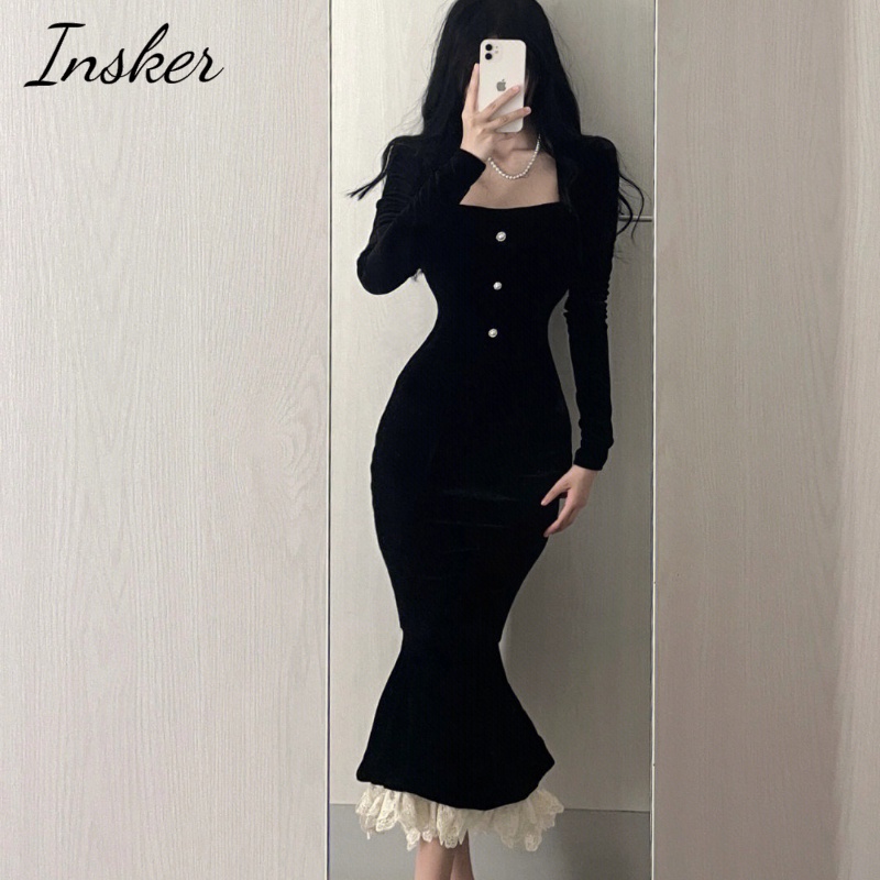 Đầm Nhung Đen Dáng Ôm Gợi Cảm Thời Trang Mùa Xuân Cho Bạn Gái