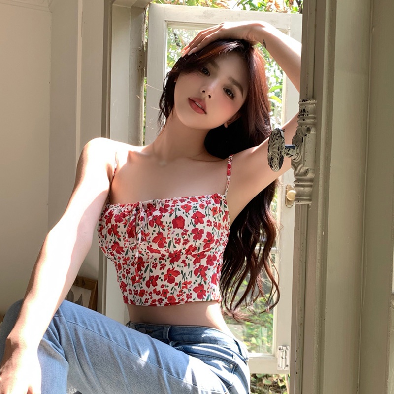 Áo Tank Top Hai Dây In Hoa Phong Cách Hàn Quốc Ngọt Ngào Cho Nữ