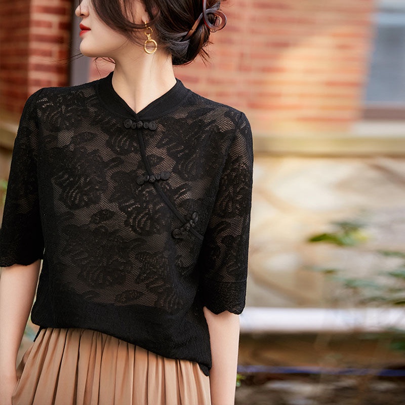Áo Sơ Mi Len Jacquard Ba Chiều Tay Ngắn Phối Nút Rỗng Ba Chiều Đa Năng Phong Cách Trung Hoa Mới Xuân Hè 2023 Q