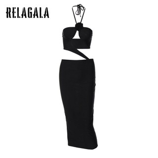 RelaGala Thời Trang Nữ Màu Trơn Gợi Cảm Cổ Treo Hoa Dài Vừa Cắt Đầm Ôm