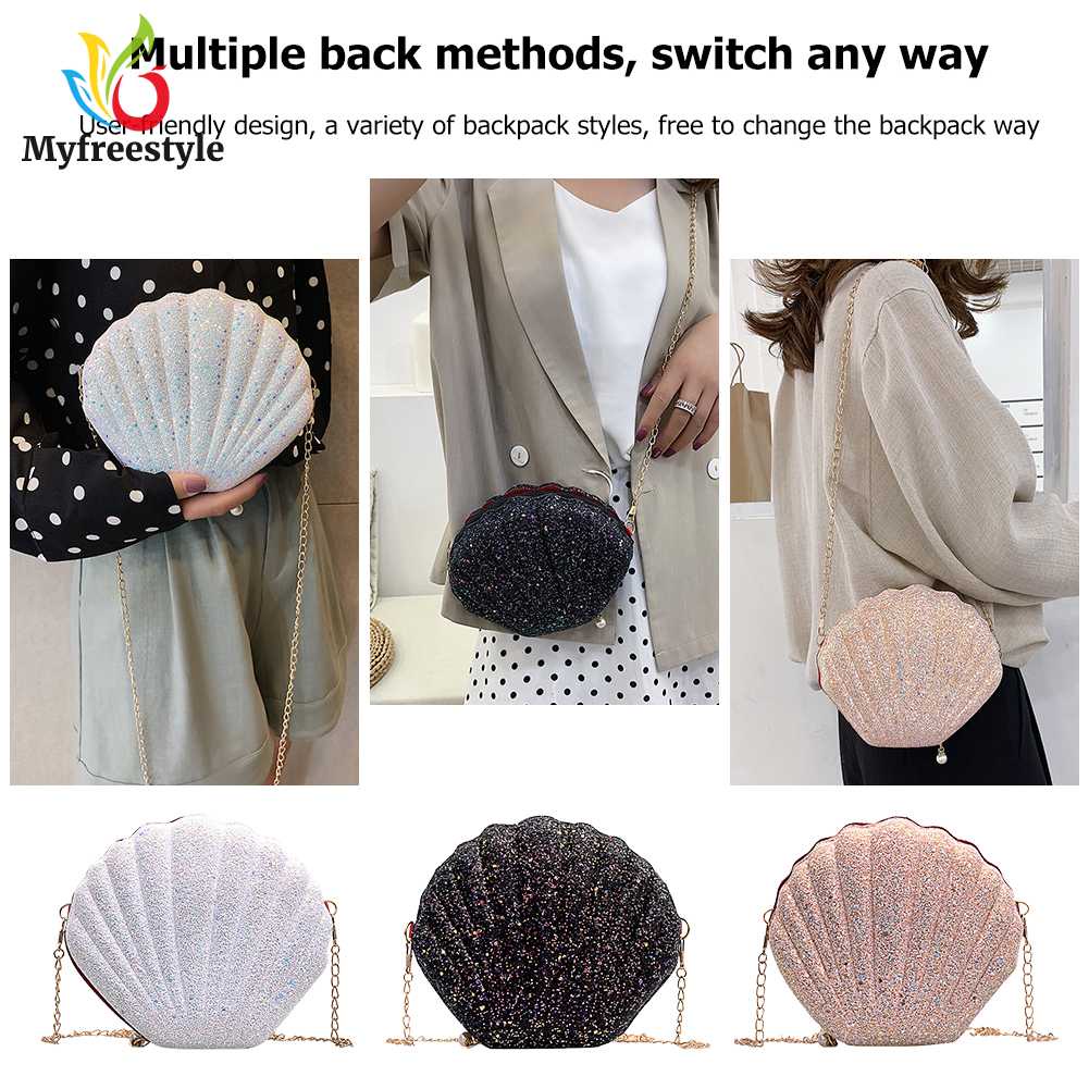 Túi Đeo Chéo Đính Kim Sa Lấp Lánh Hình Vỏ Sò Dễ Thương Kèm Dây Đeo Sợi Xích Thời Trang Cho Nữ