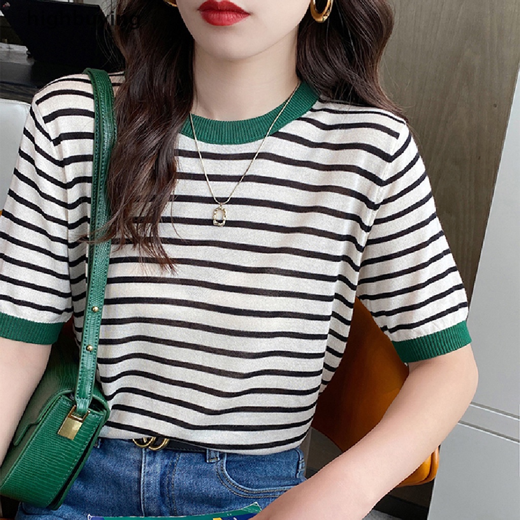 Áo Thun Dệt Kim Tay Ngắn Cổ Tròn Họa Tiết Kẻ Sọc Thời Trang Mùa Hè Cho Nữ