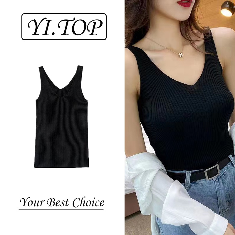 Áo Dệt Kim Sát Nách Cổ Chữ v Phong Cách Hàn Quốc Cho Nữ