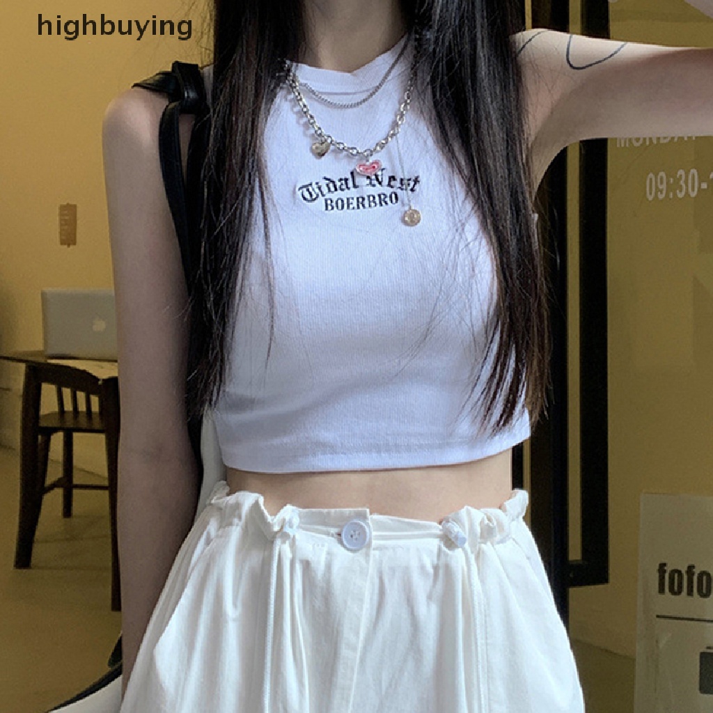 Áo Croptop Sát Nách Cổ Tròn Thêu Chữ Thời Trang Mùa Hè Cho Nữ