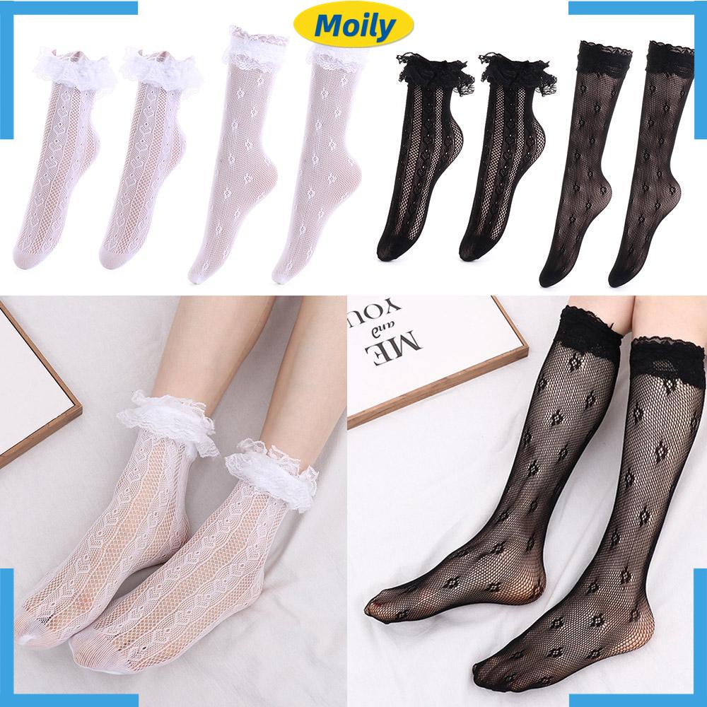 Vớ cao ngang gối kiểu ren xuyên thấu họa tiết hoa/ trái tim đính nơ thời trang quyến rũ cho nữ