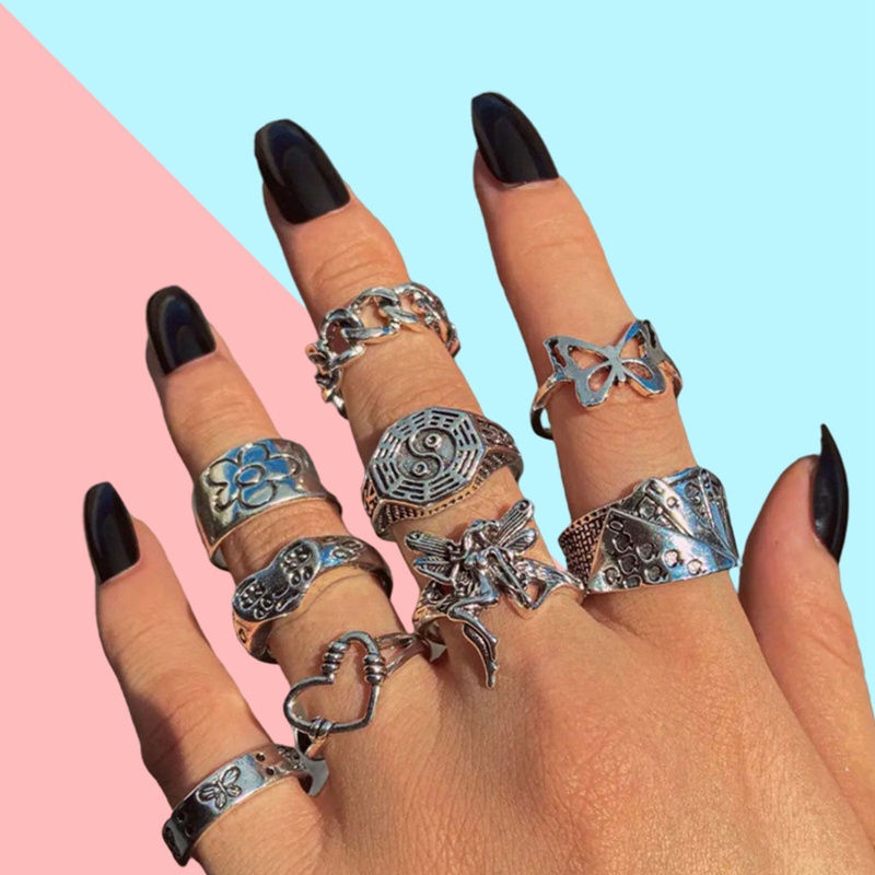 Set 9 Nhẫn Bạc Cổ Điển Nhiều Màu Sắc Phong Cách Bohemian