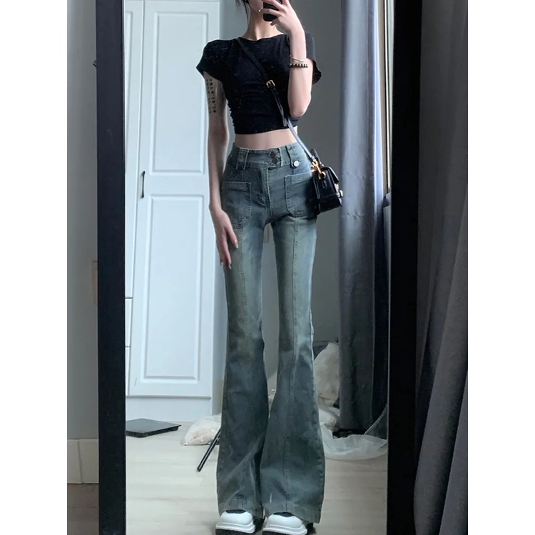 Quần jeans nữ SUXI lưng cao ống loe thời trang cổ điển