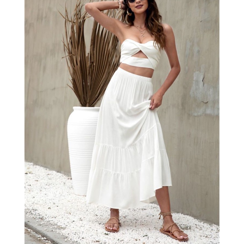 Set Đầm Maxi 2 Món Phối Bèo Nhún Thời Trang Mùa Hè Xinh Xắn Cho Nữ