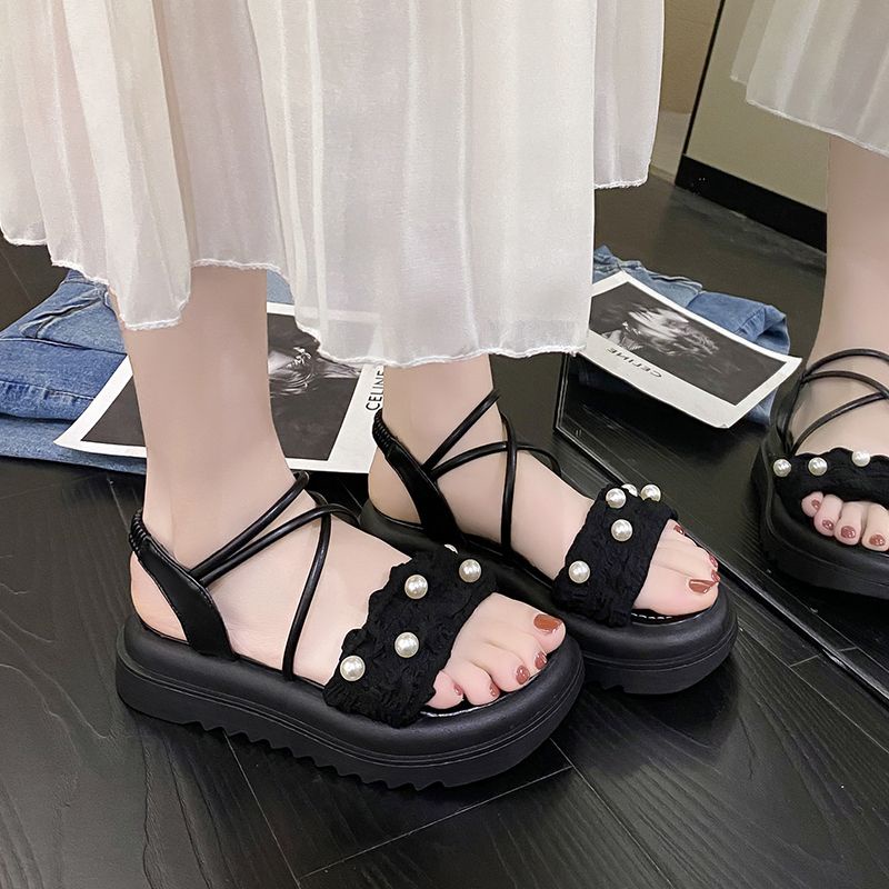 Giày Sandal Đi Biển Đế Phẳng Dày Dặn Gót Thấp Đính Ngọc Trai Thời Trang 2023 Cho Nữ