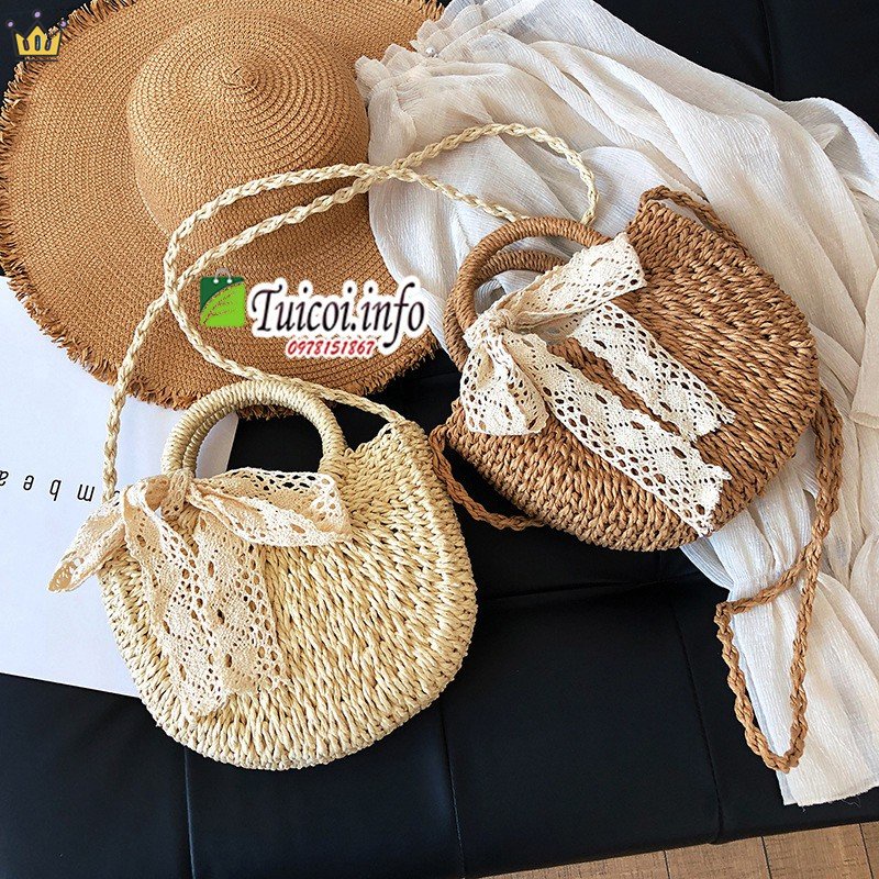 Túi Đeo Chéo Bằng Rơm Hình Tròn Nhỏ Nhắn Đa Năng Jp5