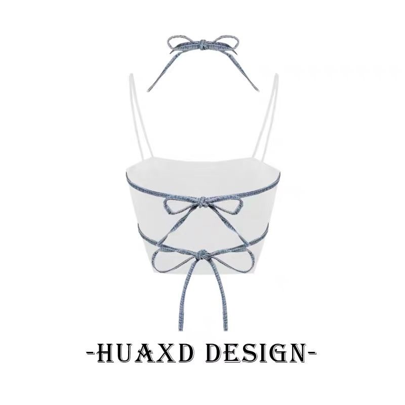 Millennium Áo Denim Hai Dây Cổ Yếm Hình Bướm Thiết Kế Ngọt Ngào Cho Nữ Y2K