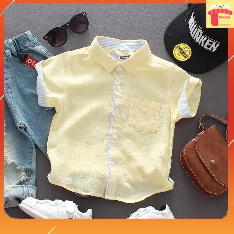 Áo sơ mi bé trai cộc tay 2-8 tuổi cổ đức màu vàng phối kẻ Tomm vải đũi nhẹ mát