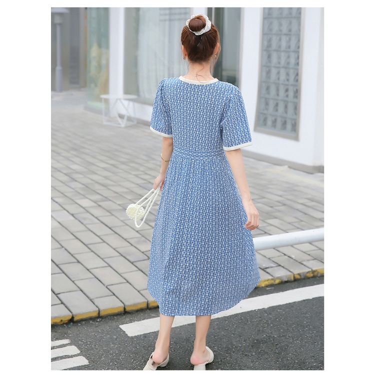 Đầm bà bầu đi biển kỳ nghỉ đầm hoa màu xanh nữ dáng ôm dài vừa phải đầm mẹ bầu