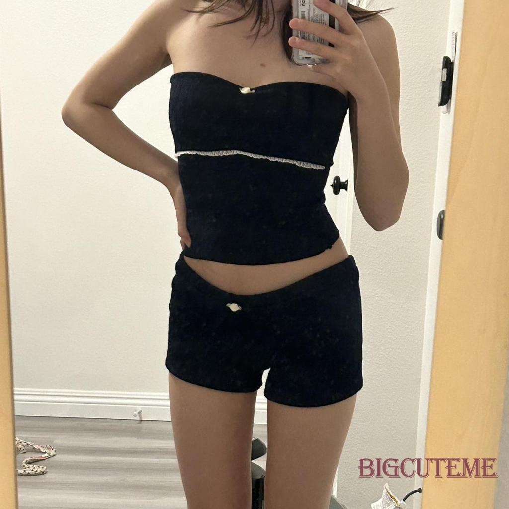 Set Đồ Mùa Hè 2 Món Gồm Áo Ống Quấn Ngực + Quần Ngắn Lưng Thun Phối Ren Hoa Cho Nữ