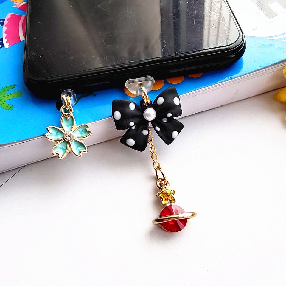 Nút Cắm Chống Bụi Kiểu Nơ Đính Ngọc Trai Dễ Thương Cho Điện Thoại Di Động