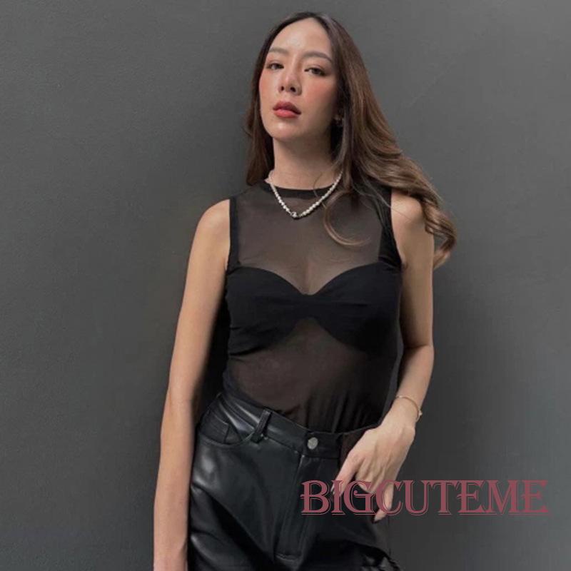 [] - Áo Sát Nách Cổ Tròn Xuyên Thấu Đi Tiệc Câu Lạc Bộ Đêm Màu Đen / Trắng Cho Nữ