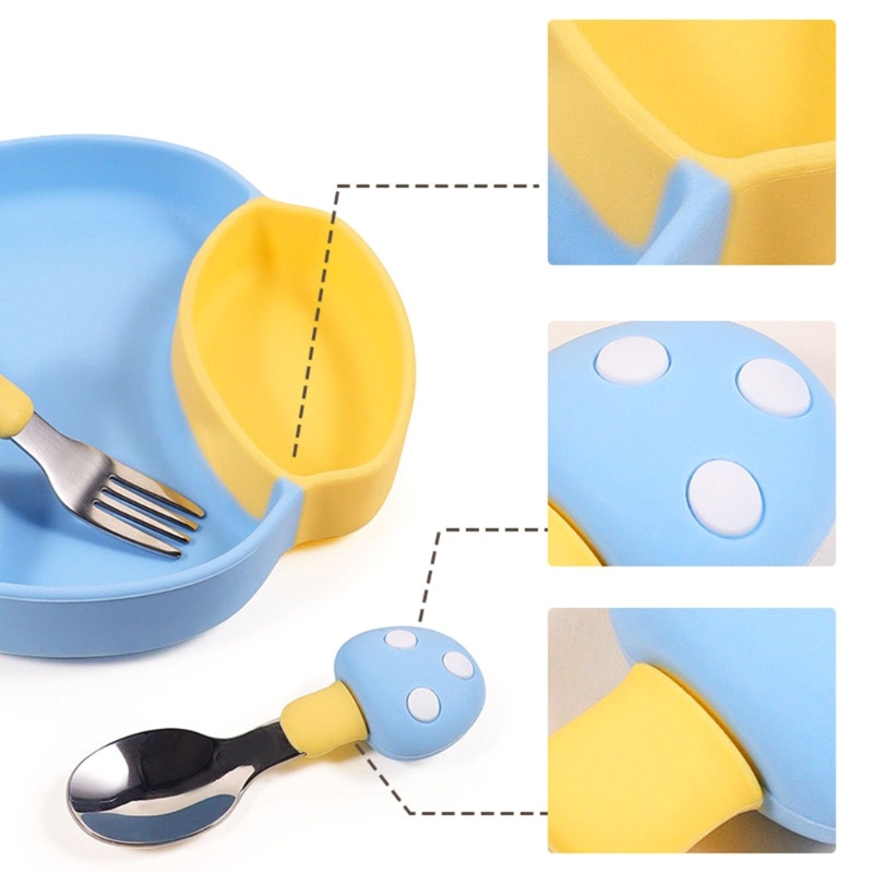 Đĩa Ăn Chia Ngăn Bằng Silicone Chống Trượt Kèm Muỗng &amp; Fo