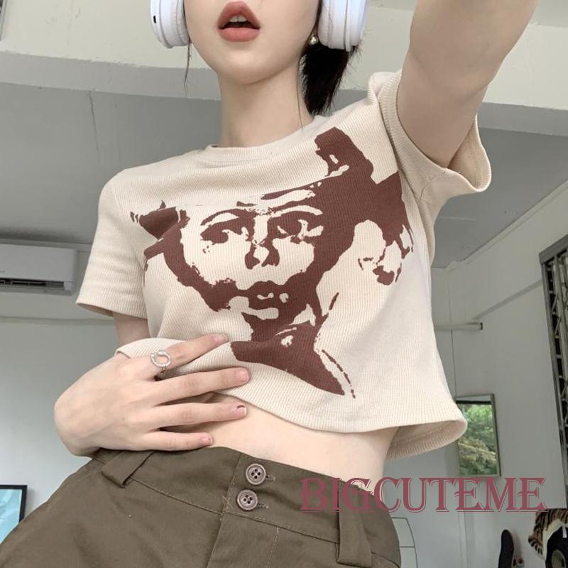 Áo Thun Lửng Ngắn Tay Form Rộng Họa Tiết Trừu Tượng Phong Cách Retro Dành Cho Nữ