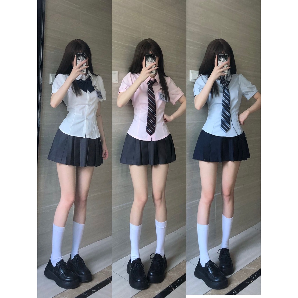 Áo Sơ Mi Thắt Eo Màu Sắc Đơn Giản Thanh Lịch Cho Nữ Áo Đồng Phục Nữ Sinh Tay Phồng Phối Nút Xinh Xắn Áo Sơ Mi Ngắn Tay Phong Cách Preppy Eo Hẹp. Quần Dài Thiết Kế Ngọt Ngào Dễ Thương Dành Cho Nữ