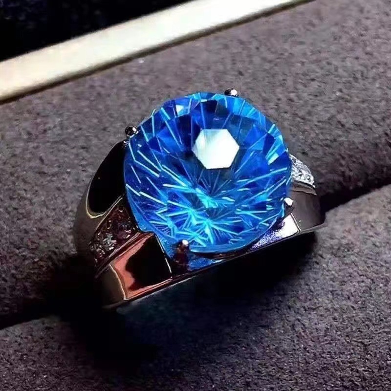 Nhẫn Nam Swiss Blue Topaz Pháo Hoa Màu Trơn Chất Lượng Cao IFZL