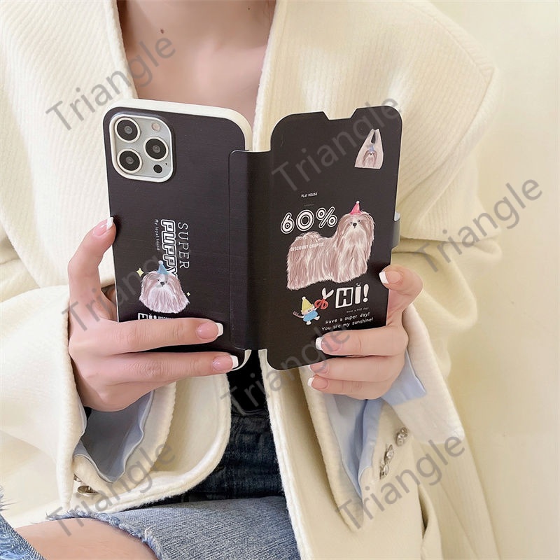 Ốp Điện Thoại Da Nắp Gập Từ Tính Hình Cún / Mèo Dễ Thương Cho iPhone14pro max 13 12 11 14Promax13 12 11