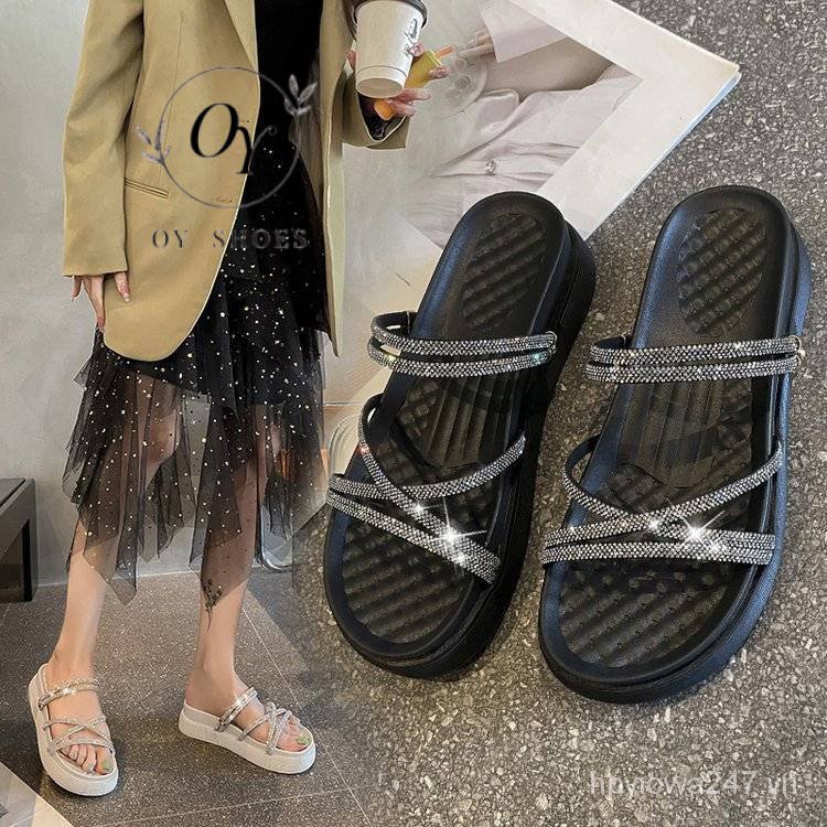 Sandal Đế Xuồng Dày Dặn Đính Đá Phong Cách Thời Trang Mùa Hè Mới 2023