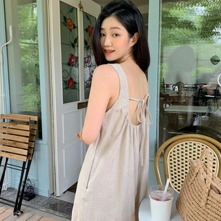 Đầm Cotton Lanh Dáng Rộng Cổ Vuông Hở Lưng Cột Dây Kiểu Hàn Quốc Thời Trang Cho Nữ
