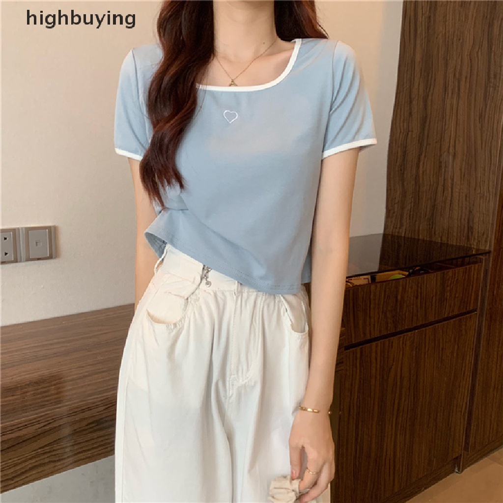 Áo Thun Croptop Ngắn Tay Cổ Vuông Thêu Họa Tiết Trái Tim Màu Sắc Tương Phản Thời Trang Mùa Hè Cho Nữ