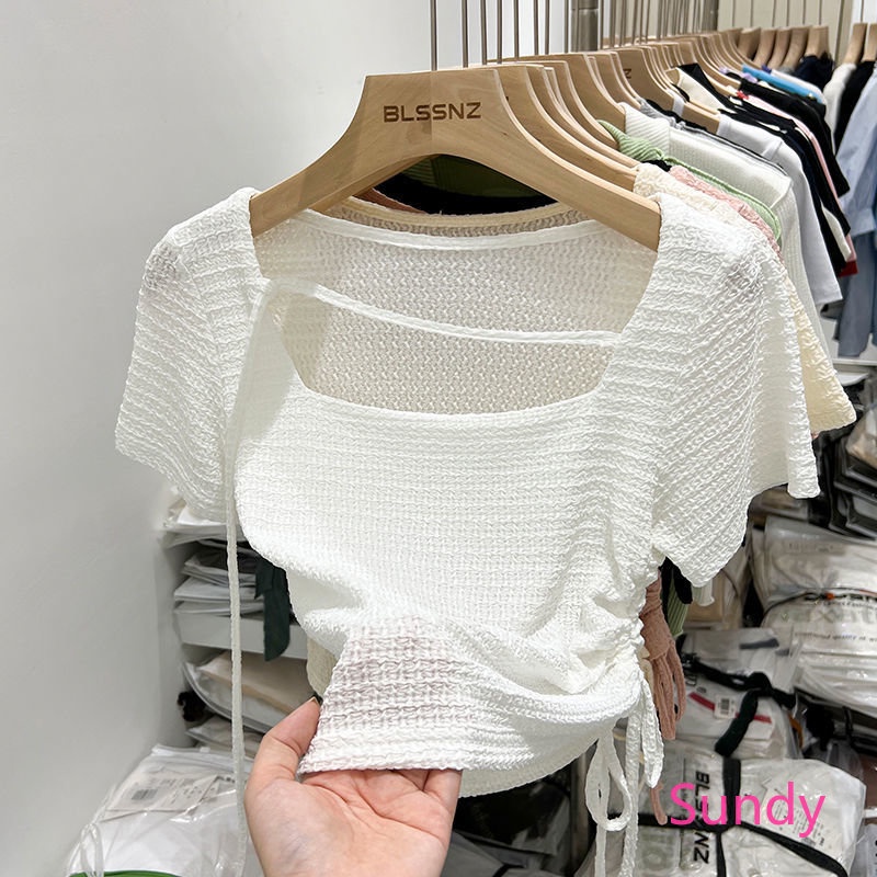 Áo Thun Ngắn Tay Cổ Vuông Dáng Rộng Phối Dây Rút Lệch Tà Kiểu Phương Tây Thời Trang Mùa