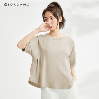 Áo thun GIORDANO 13323308 cotton cổ tròn tay phồng xếp ly thời trang dành cho nữ
