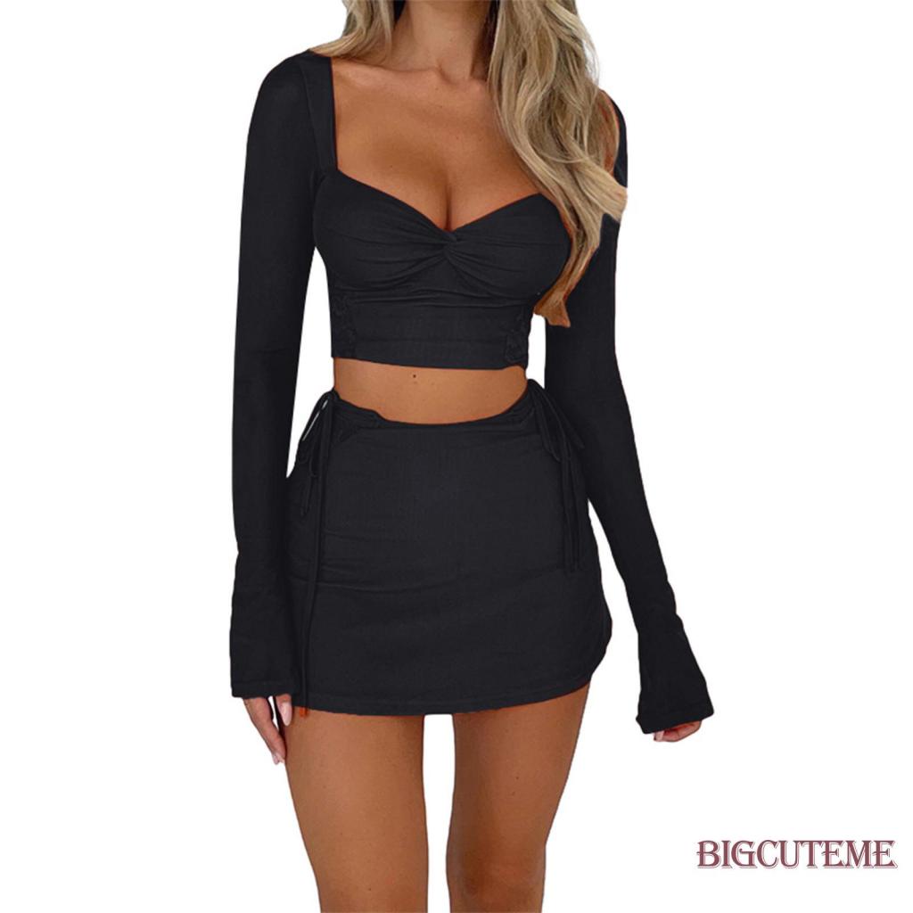 Bộ Áo Croptop Tay Dài Màu Trơn 2 Dây + Chân Váy Mini Màu Cam / Đen Thời Trang Mùa Hè Xinh Xắn Cho Nữ